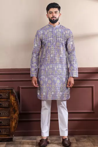 Lavender color ethnic woven patta with digital printed ceremonial kurta payjama for men's