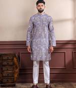 Lavender color ethnic woven patta with digital printed ceremonial kurta payjama for men's