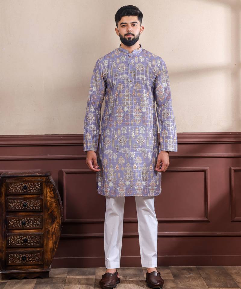 Lavender color ethnic woven patta with digital printed ceremonial kurta payjama for men's