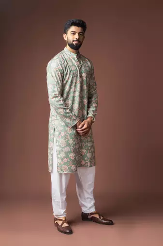 Greenish blue color blended linen fabric printed festive wear men's kurta payjama