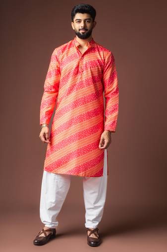 Orange color blended linen fabric designer printed festive wear men's kurta payjama
