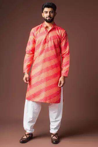Orange color blended linen fabric designer printed festive wear men's kurta payjama