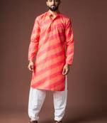 Orange color blended linen fabric printed festive wear men's kurta payjama