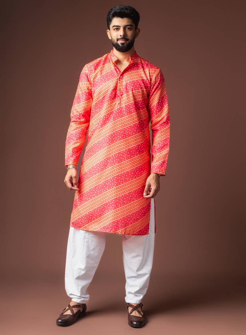 Orange color blended linen fabric designer printed festive wear men's kurta payjama