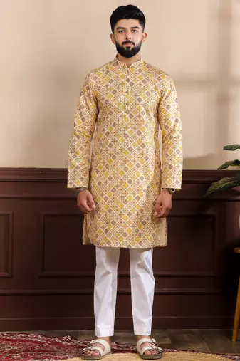 Mustard color beautiful art silk fabric smart print designer kurta payjama