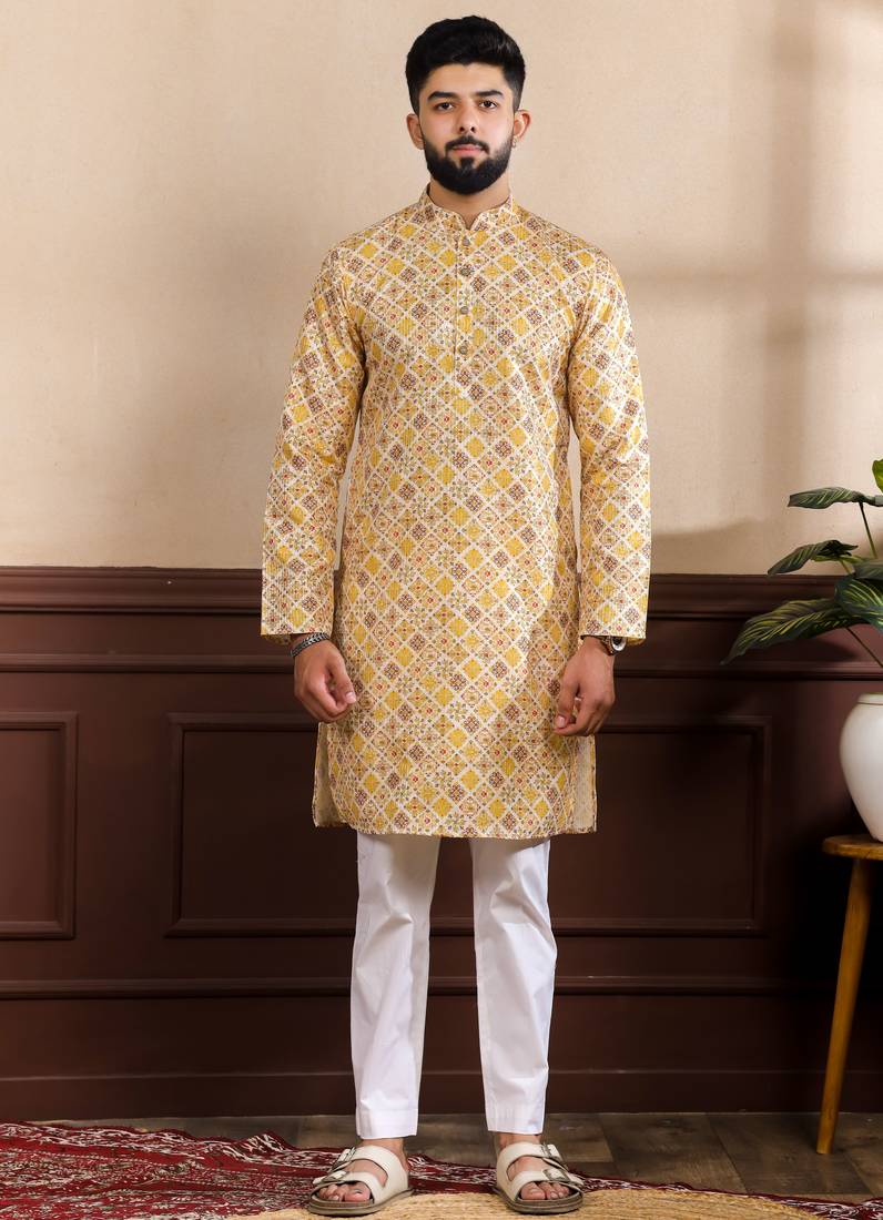 Mustard color beautiful art silk fabric smart print designer kurta payjama