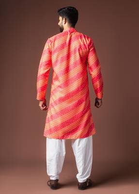 Orange color blended linen fabric printed festive wear men's kurta payjama 2