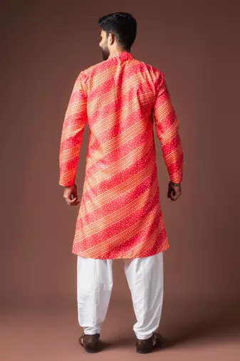 Orange color blended linen fabric printed festive wear men's kurta payjama