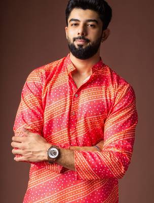 Orange color blended linen fabric printed festive wear men's kurta payjama 3