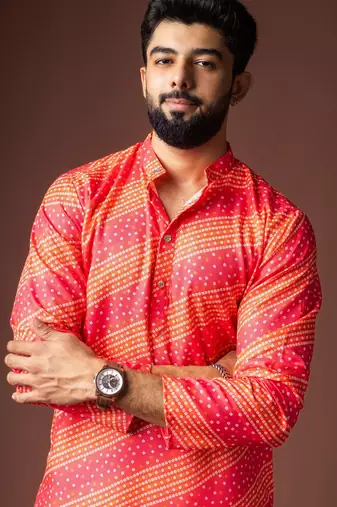 Orange color blended linen fabric printed festive wear men's kurta payjama