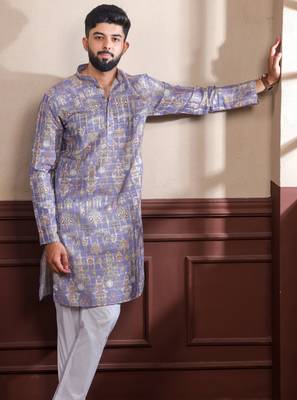 Lavender color ethnic woven patta with digital printed ceremonial kurta payjama for men's 5