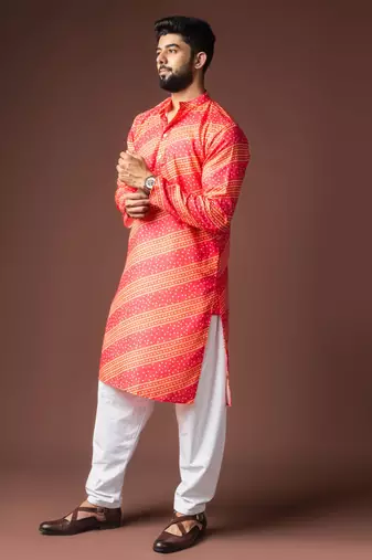 Orange color blended linen fabric printed festive wear men's kurta payjama