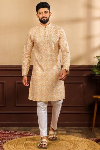 Mustard color beautiful art silk fabric smart print designer kurta payjama