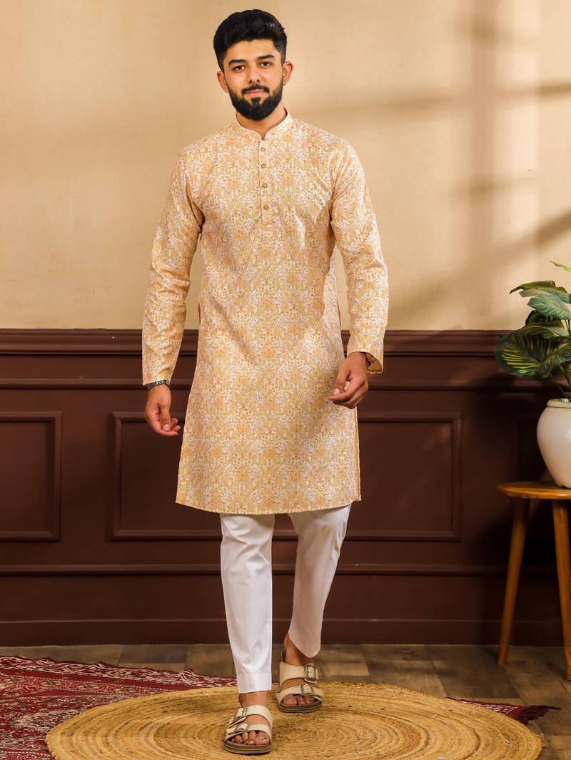 Mustard color beautiful art silk fabric smart print designer kurta payjama