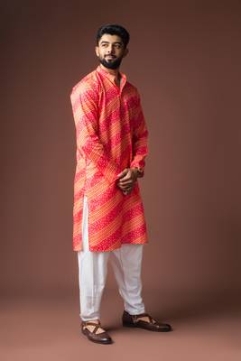 Orange color blended linen fabric printed festive wear men's kurta payjama 5