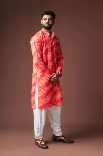 Orange color blended linen fabric printed festive wear men's kurta payjama