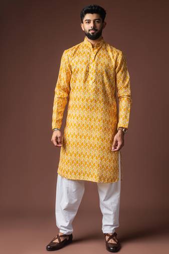 Yellow color blended linen fabric designer printed festive wear men's kurta payjama