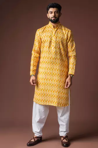 Yellow color blended linen fabric designer printed festive wear men's kurta payjama