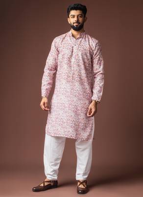 Pink color blended linen printed stylish kurta payjama for mens' 1