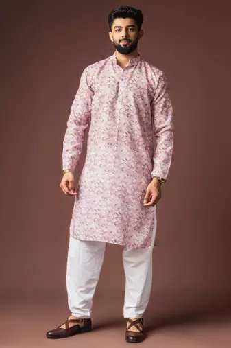 Pink color blended linen designer printed stylish kurta payjama for mens'