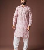 Pink color blended linen printed stylish kurta payjama for mens'
