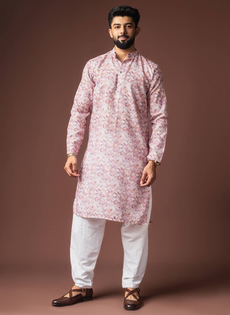 Pink color blended linen designer printed stylish kurta payjama for mens'