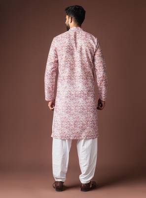 Pink color blended linen printed stylish kurta payjama for mens' 2