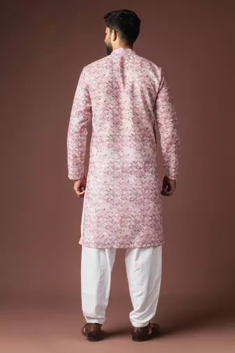 Pink color blended linen printed stylish kurta payjama for mens'
