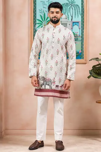 Cream color beautiful blended cotton fabric ceremonial kurta pjyama
