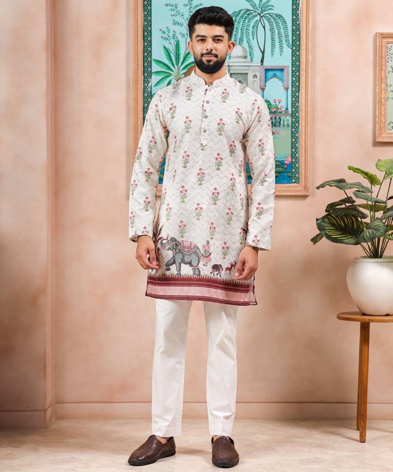 Cream color beautiful blended cotton fabric ceremonial kurta pjyama