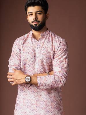 Pink color blended linen printed stylish kurta payjama for mens' 3