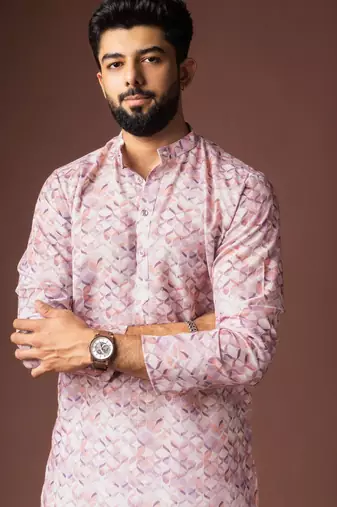 Pink color blended linen printed stylish kurta payjama for mens'