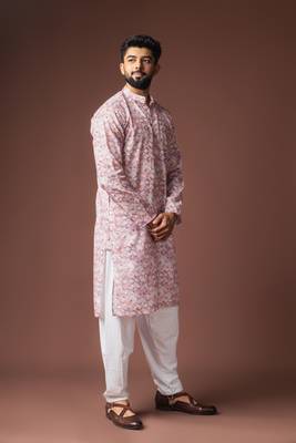 Pink color blended linen printed stylish kurta payjama for mens' 4