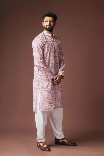 Pink color blended linen printed stylish kurta payjama for mens'