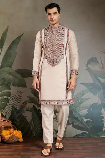 Ivory color viscose silk fabric designer embroidered kurta for mens
