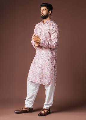 Pink color blended linen printed stylish kurta payjama for mens' 5