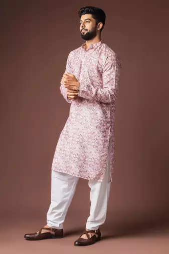 Pink color blended linen printed stylish kurta payjama for mens'