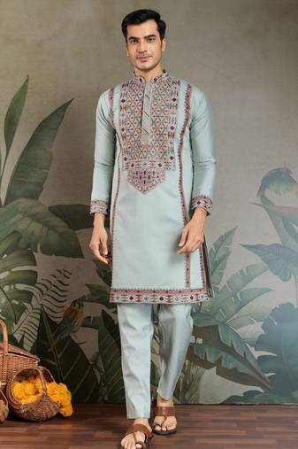 Sky blue color viscose silk fabric designer embroidered kurta for mens
