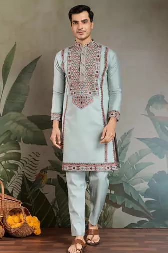 Sky blue color viscose silk fabric designer embroidered kurta for mens