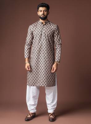 Black color blended linen printed stylish kurta payjama for mens' 1