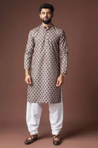Black color blended linen designer printed stylish kurta payjama for mens'