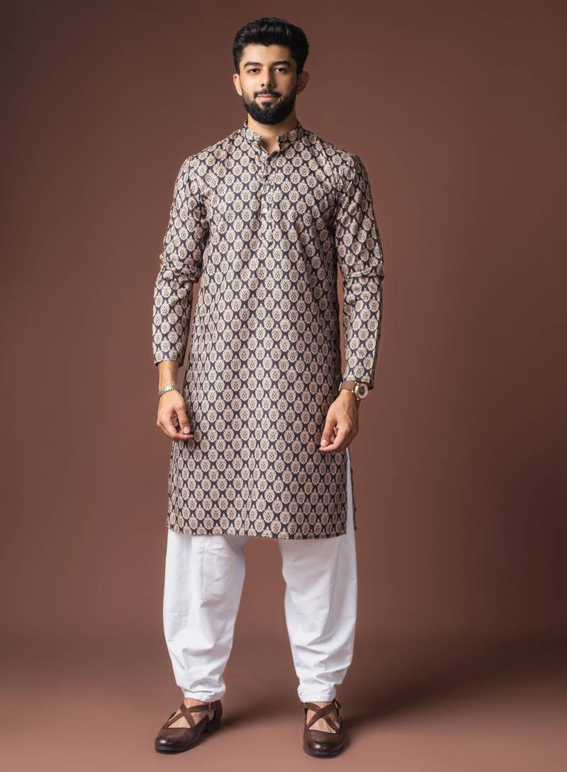 Black color blended linen designer printed stylish kurta payjama for mens'