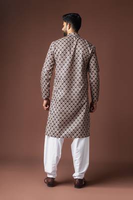 Black color blended linen printed stylish kurta payjama for mens' 2