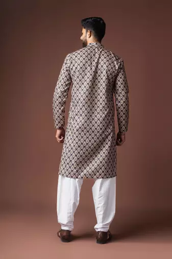 Black color blended linen printed stylish kurta payjama for mens'