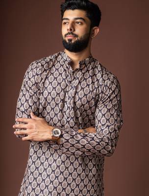 Black color blended linen printed stylish kurta payjama for mens' 3