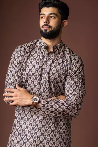 Black color blended linen printed stylish kurta payjama for mens'