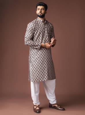 Black color blended linen printed stylish kurta payjama for mens' 4