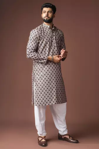 Black color blended linen printed stylish kurta payjama for mens'