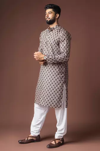Black color blended linen printed stylish kurta payjama for mens'