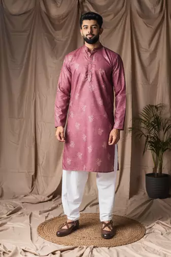 Mauve color blended linen designer printed stylish kurta payjama for mens'